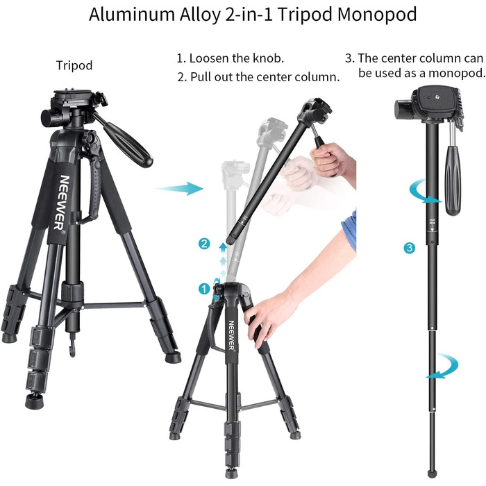 Neewer портативний штатив 177 см з алюмінію з 3D головкою для DSLR камер, чорний