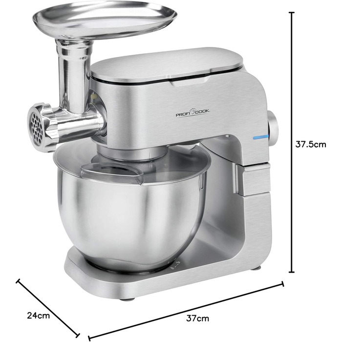 Кухонна машина 2в1 ProfiCook PC-KM 1151 з м'ясорубкою, 1300 Вт, 6,5 л, алюмінієвий корпус, 8 швидкостей, нержавіюча чаша, комплект насадок