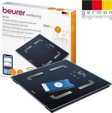 Цифрова діагностична вага Beurer BF 880 з Wi-Fi та Bluetooth, аналізатор складу тіла, вимірювання жирової та м'язової маси, до 180 кг, сумісна з додатком