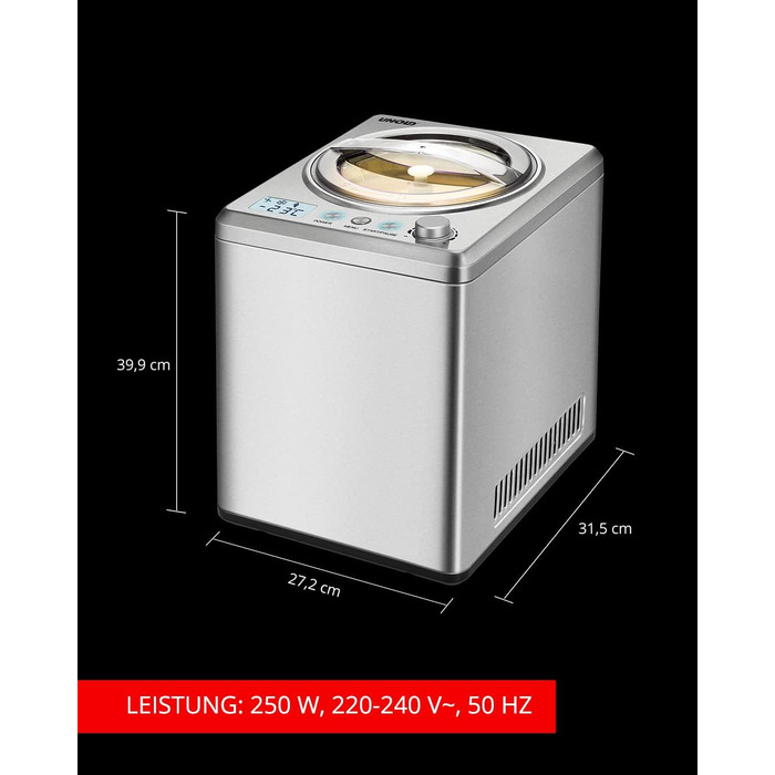 Морожениця Unold Profi Plus 2.5л з компресором та книгою рецептів (101 рецепт) | Автоматична, нержавіюча сталь, самоохолоджувальна, 250 Вт