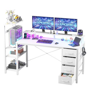 Ігровий стіл APICIZON 150 см з полицею, підставкою для монітора та RGB-підсвіткою, білий карбон. Стіл для ПК з USB-портами, тримачем для навушників та підставкою для чашки