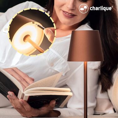 Світильник charlique® LED акумуляторний настільний міні (коричневий), 28 см – бездротова лампа з USB, тепле світло, для дому та вулиці, водостійка для балкона, тераси й саду