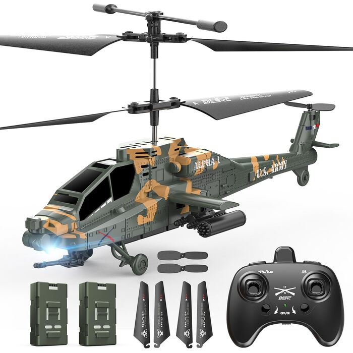 Радіокерований вертоліт DEERC Apache 2.4GHz, 2 акумулятори, 26 хв польоту, LED, стабілізація висоти, легкий старт, для приміщень, камуфляжний колір - ідеальний подарунок для хлопчиків