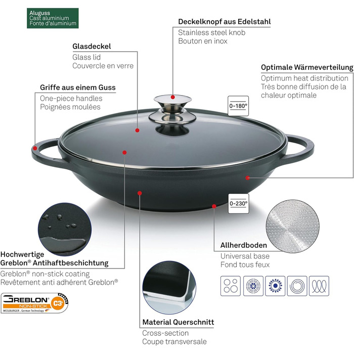Wok Kela 15157 з жаростійкою кришкою, 4 л, алюмінієвий литий, для індукції, 32 см, Kerros