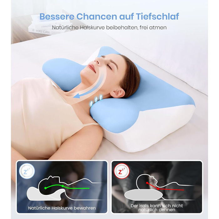 Ортопедична подушка з піни Memory Foam 2-в-1 для сну на боці, спині та животі, 60x41.5x10/12 см (Біло-синя)