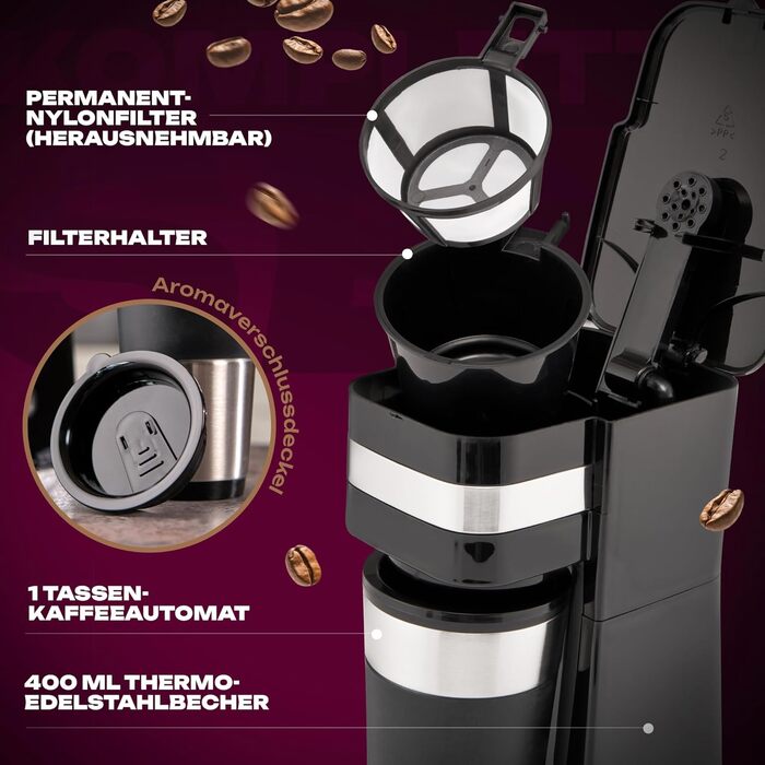 Кавоварка Clatronic KA 3733 з термочашкою 400 мл для автомобіля, фільтраційна, нержавіюча сталь, компактна