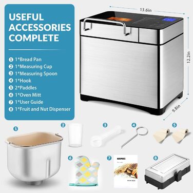 Преміум хлібопекарня Konvektions-Brotbackautomat 710W з керамічною формою, 17 програм, нержавіюча сталь, дозатор горіхів, сенсорне скло, срібляста