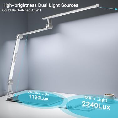 Настільна лампа VERSKI LED 18W, диммована, з подвійним джерелом світла, для домашнього офісу, зі світлодіодами, кліпсою, захистом очей, регулюванням яскравості та 5 кольоровими температурами, срібляста