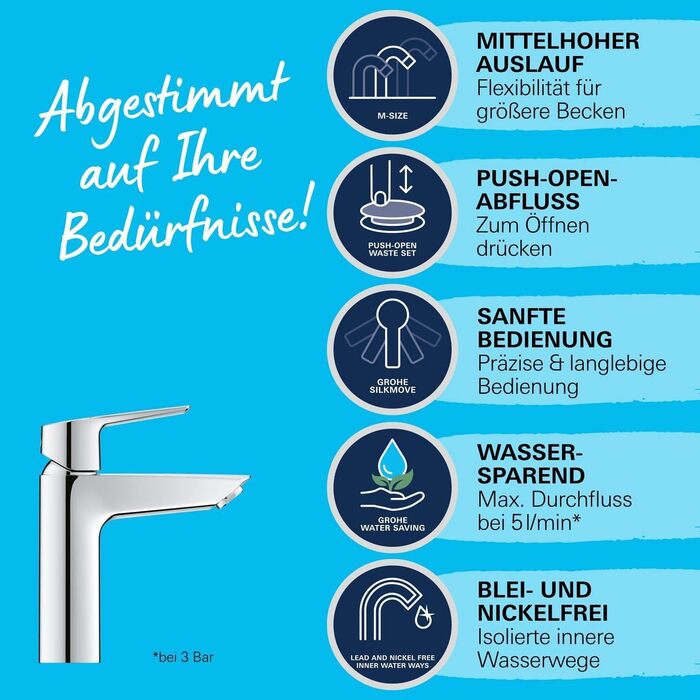 Змішувач для ванної кімнати GROHE Start, водозберігаючий, хром, з Pop-Up, 19см, 24204002