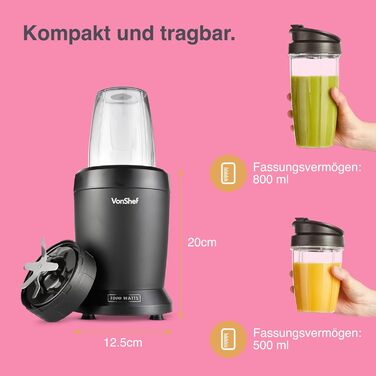 Блендер-смузі VonShef Ultrablend 1000 Вт з двома чашами (500 мл та 800 мл) для фруктів, овочів та льоду, портативний міксер To Go