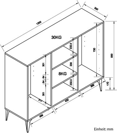 Комод SUNXURY 120x35x93 см, кухонна шафа, багатофункціональна шафа для зберігання з 2 дверцятами, 7 полицями та металевими ніжками, класичний дизайн, дубова текстура, для вітальні, спальні, коридору