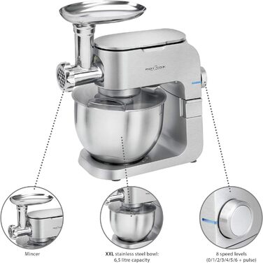 Кухонна машина 2в1 ProfiCook PC-KM 1151 з м'ясорубкою, 1300 Вт, 6,5 л, алюмінієвий корпус, 8 швидкостей, нержавіюча чаша, комплект насадок