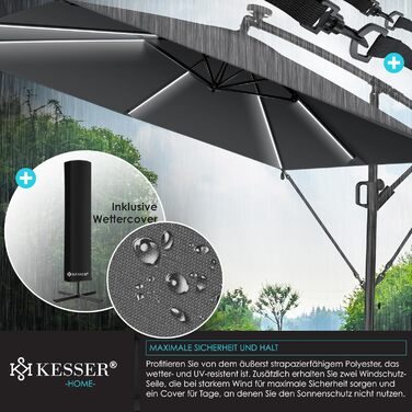 Сонячна прямокутна парасоля KESSER Holly з LED-підсвіткою, алюмінієва, з чохлом та вітрозахистом, антрацит, 350 см, водостійка, для саду, з ручкою-кривошипом, UV-захист