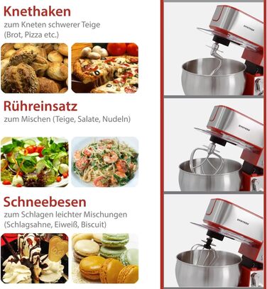 Кухонна машина Syntrox Germany Glumya 7 л, м'ясорубка, насадки для тіста та крему, нержавіюча сталь, LED-дисплей, 1300 Вт, червона