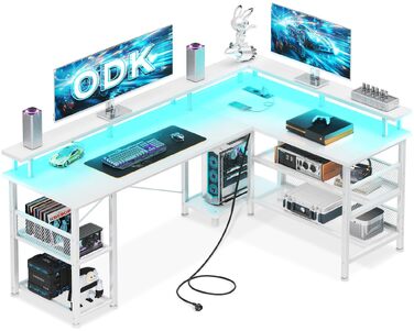 Ігровий кутовий стіл ODK з LED-підсвіткою та USB-портом, 150×102 см, білий, стільниця з вуглецевого волокна