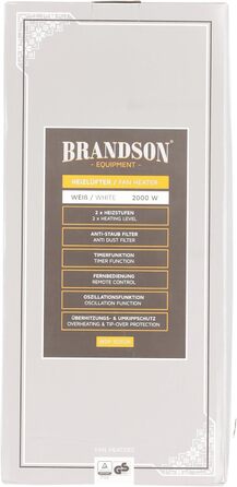 Енергозберігаючий керамічний обігрівач Brandson з дистанційним керуванням, для ванної, тихий, з таймером, функцією обертання, білий, GS сертифікат