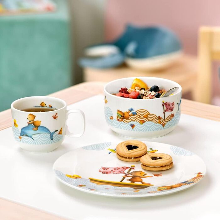 Набір дитячого посуду Villeroy & Boch 3 частини (тарілка, миска, чашка) - білий/кольоровий, преміум фарфор, безпечний для миття в посудомийній машині та мікрохвильовій печі