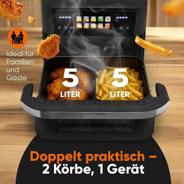 Аерофритюрниця ProfiCook PC FR 1313 H XXL з двома камерами, 10 л, 2400 Вт, сенсорний дисплей, 10 програм, чорна
