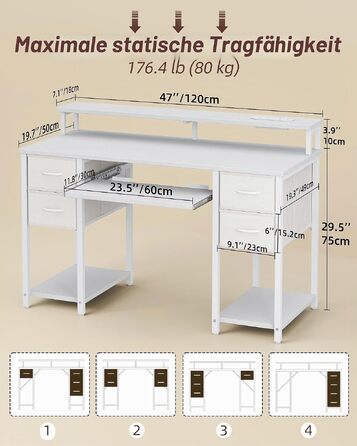Ігровий стіл BEXEVUE зі світлодіодним підсвічуванням та розетками, 120x50 см, білий — комп'ютерний стіл з підставкою для клавіатури, 4 шухлядами та полицею для офісу та геймінгу