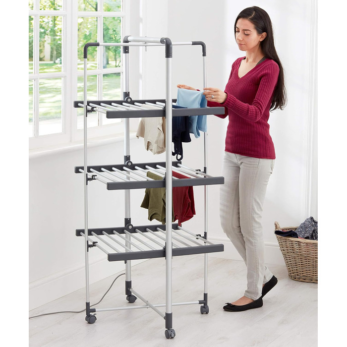Обігрівальна сушарка для білизни Black+Decker 63091, 3-ярусна з чохлом та колесами, алюмінієва, сіра, 140 x 73 x 68 см