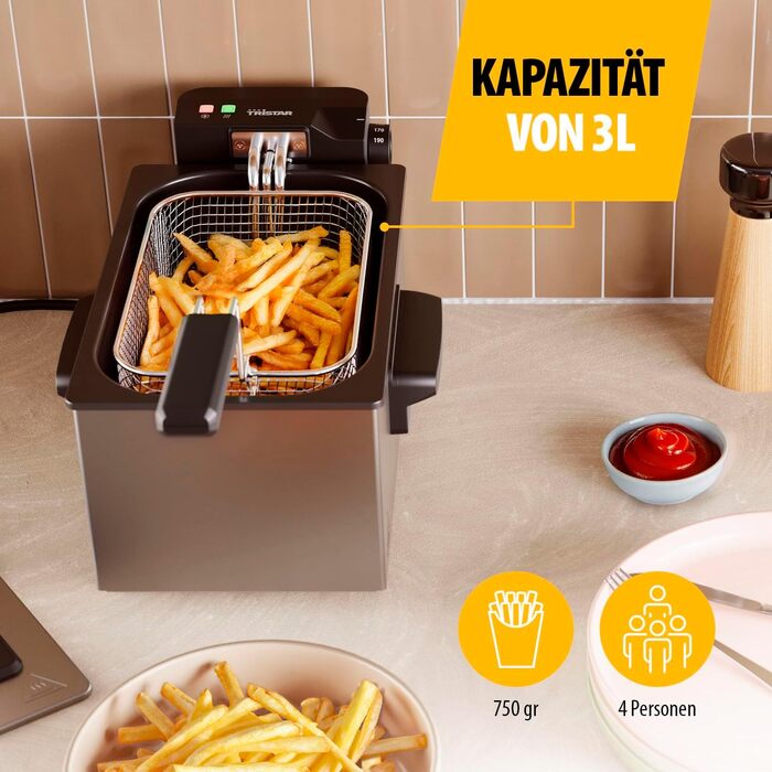 Фритюрниця Tristar FR-9326 PRO з вікном та фільтром, 3л, регулювання температури до 190°C, корпус із нержавіючої сталі