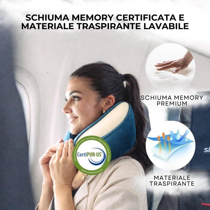 Подорожня подушка для шиї CLOUDS з ефектом пам'яті (Memory Foam) для літака та авто, регульована, дихаюча тканина, сіра, розмір L/XL