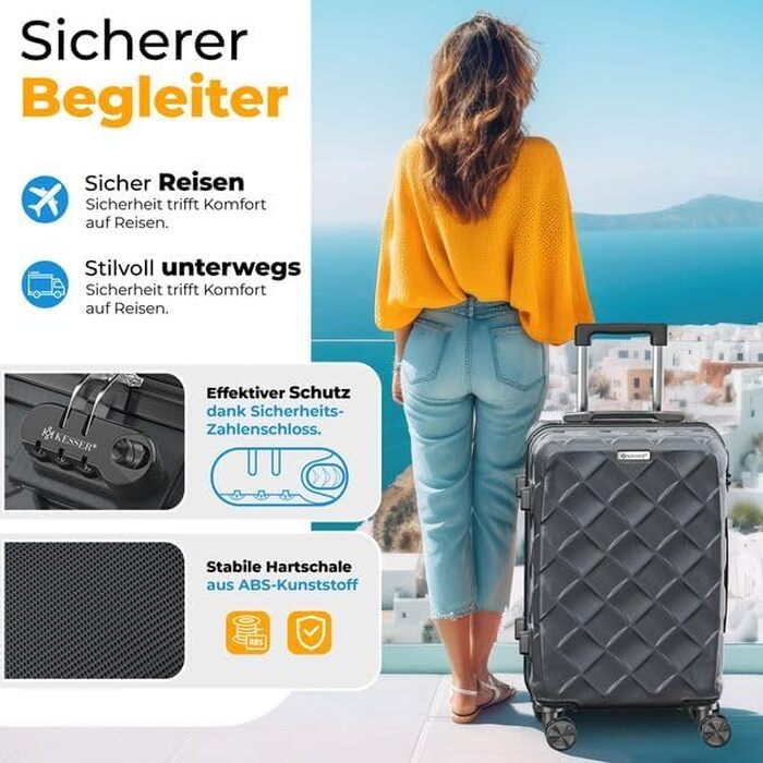 Валіза для подорожей KESSER® 55 см, 55л, ABS пластик, жорстка оболонка, колір Charcoal (вугільний) з кодовим замком, вагами для багажу та гаманцем, 360° колеса, телескопічна ручка