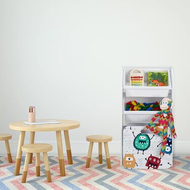 Дитячий стелаж Relaxdays з 3 коробками на роликах, монстр, білий, 80,5x42,5x30 см, іграшковий органайзер