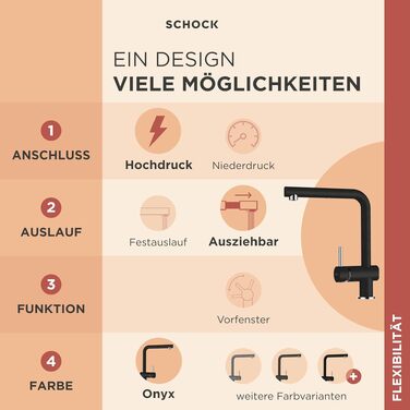 Змішувач кухонний SCHOCK Epos Onyx I чорний, високий, з висувним шлангом | сучасний дизайн, економія води, латунь