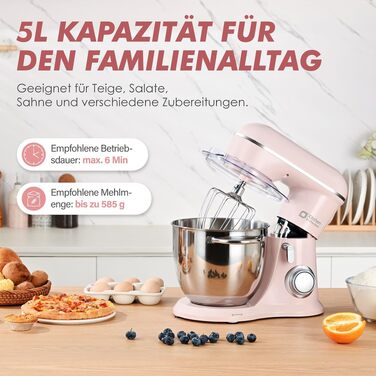 Кухонна машина Kitchen in the box Kompakte — планетарний міксер та тістоміс 3.5L/5L, 10 швидкостей, з вінчиком, гаком та міксером (Рожевий)
