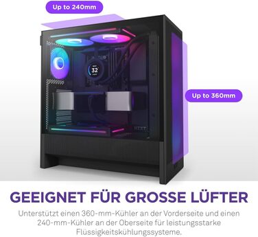 NZXT H5 Flow RGB 2024 – компактний ATX корпус для геймінгу з високим повітряним потоком, F360 RGB, підтримка радіаторів 360 мм (фронт) і 240 мм (верх), загартоване скло, чорний
