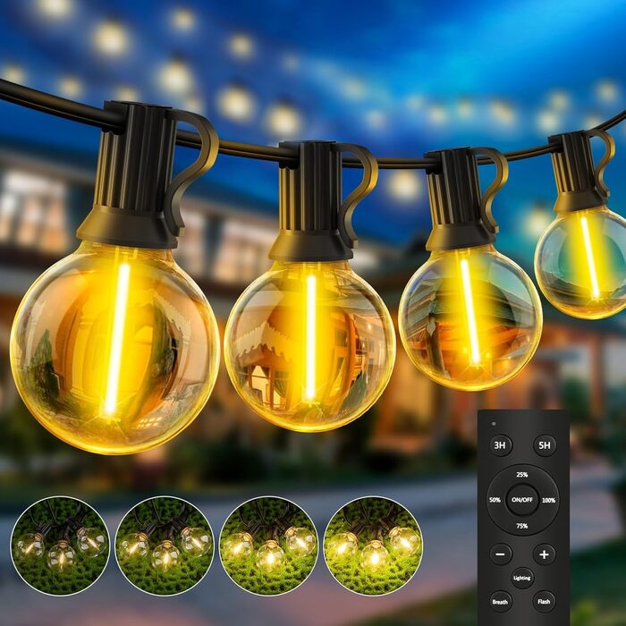 Ланцюжок прикрас LED для вулиці: 20 метрів, зовнішнє освітлення, 65 футів, лампочки G40 для саду, балкону, павільйону, тераси, вечірки. Вологостійкий IP44 з пульт дистанційного керування.