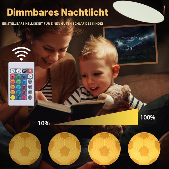 Світильник нічник у формі футбольного м'яча Balkwan: 16 кольорів, регулювання яскравості, дистанційне керування, дитячий спортивний декор та подарунок (15 см)