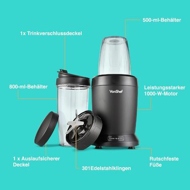 Блендер-смузі VonShef Ultrablend 1000 Вт з двома чашами (500 мл та 800 мл) для фруктів, овочів та льоду, портативний міксер To Go