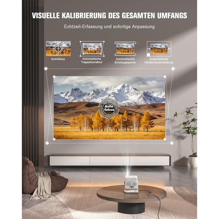 Smart Beamer VOPLLS 1080P Full HD WiFi 800ANSI: Міні-проектор з автофокусом та корекцією трапеції для дому/вулиці, підключення до телефону, сіро-білий