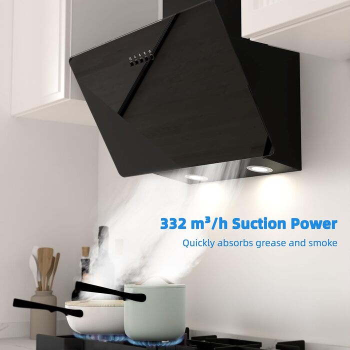 Похила витяжка для кухні FIREGAS 60 см, чорна, з LED-підсвіткою, безщеточним мотором та режимами відводу/рециркуляції повітря, клас енергоефективності A++