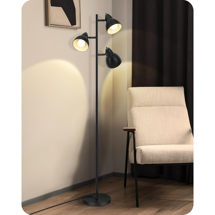 Торшер EDISHINE 163 см, 3 лампи, чорний, з LED-лампою E27, регульований, вінтажний, для вітальні, спальні, офісу, з індивідуальними вимикачами, сучасний дизайн, лампа у комплекті