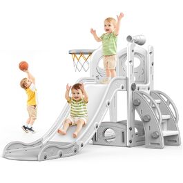Дитяча гірка Kinder з баскетбольним кільцем для малюків 1-3 роки, сіра. Гірка-клітка для ігор в приміщенні та на вулиці з місцем для зберігання
