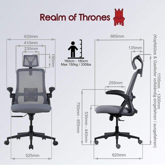 Офісний стілець Realm of Thrones CAPTAIN: ергономічний, сірий, з регульованою спинкою та підлокітниками, сталева база