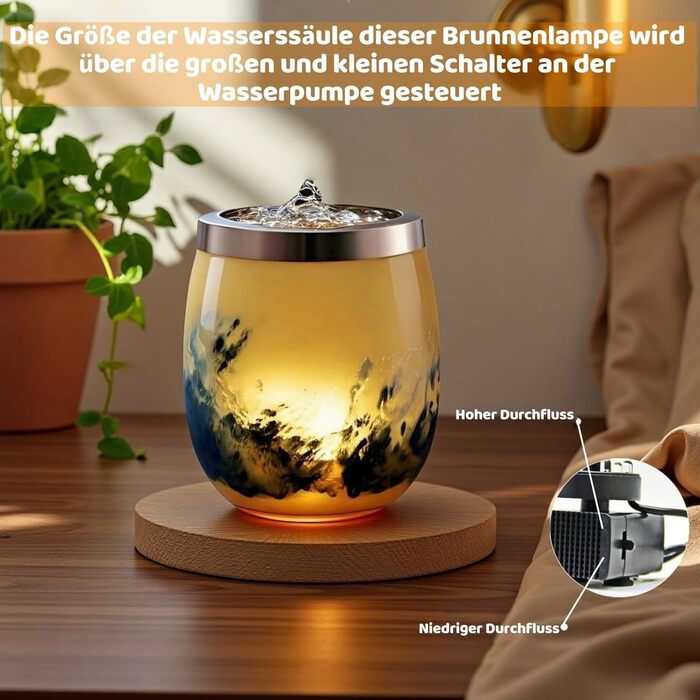 Декоративний настільний фонтан VOREEN з підсвіткою LED, жовте скло ручної роботи, 15 см