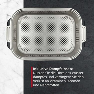 Професійна жаровня MEISTERKOCH 7,5 л з кришкою із скла, прямокутна, чорний алюмінієвий литий корпус, для індукції, з паровою вставкою, для духовки до 300°C, підходить для посудомийки, з термометром для запікання