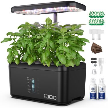 iDOO Система гідропоніки Smart Garden 8 Pods: Розумний сад для вирощування трав та овочів вдома, LED лампа, автоматичний таймер, регульована висота, чорний