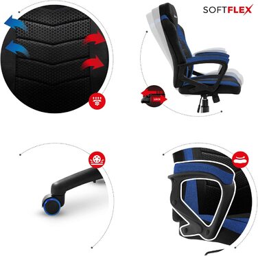 Геймерське крісло Huzaro Force 2.5 Blue Mesh, ергономічне, тканинне, чорне-синє, для комп'ютера, офісу, з регулюванням висоти та гойдалкою, навантаження до 140 кг
