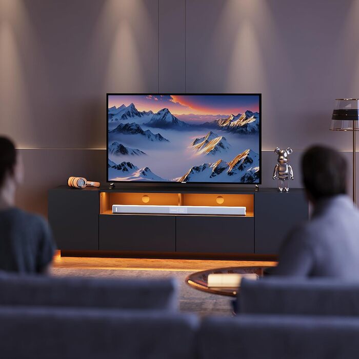 Тумба під телевізор WLIVE з LED-підсвіткою, глянцева, чорна, 170x36x45 см - шафа для ТВ з полицями та дверцятами