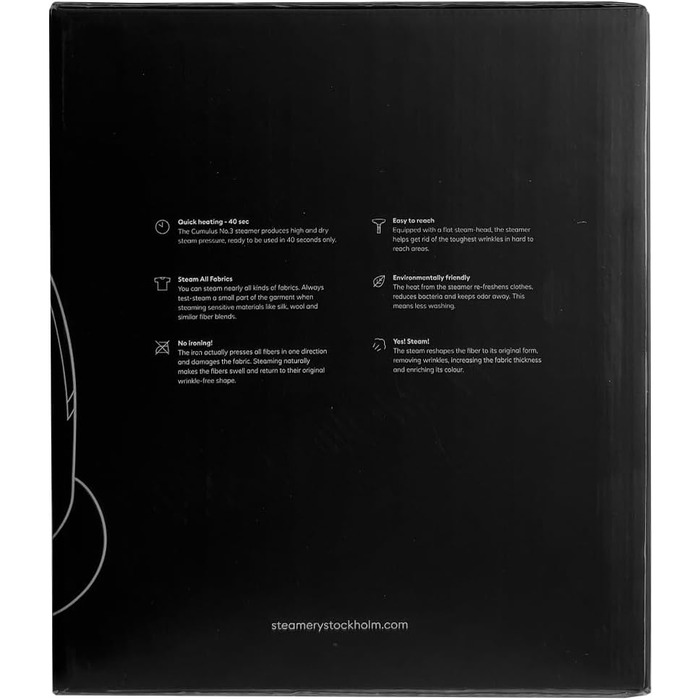 Вертикальний відпарювач Steamery Cumulus 1750W для дому, з вішалкою, захисною рукавичкою, 60 хвилин безперервного пару, видалення складок, чорний