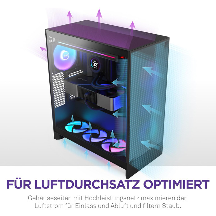 Корпус NZXT H7 Flow для ПК, Mid-Tower ATX, чорний, з потужною вентиляцією, підтримка до 3х 120-мм вентиляторів знизу для охолодження відеокарти, 3х 120-мм фронтальних вентиляторів, місце для радіатора 420 мм спереду
