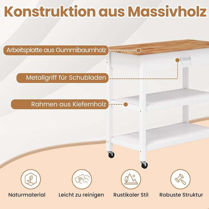 Кухонний візок-острів COSTWAY з робочою поверхнею, 3-рівневий мобільний сервірувальний візок з шухлядою та фіксованими колесами, білий (106 x 50 x 89 см)