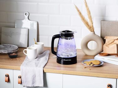 Тостер Russell Hobbs Textures+ (2 широкі слоти, підставка для булочок, 850 Вт, чорний) + Електричний чайник скляний Russell Hobbs Classic (1.7 л, 2400 Вт)