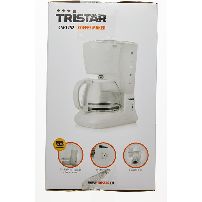 Кавоварка Tristar CM-1252, 1,25 л, 10-12 чашок, для дому і кемпінгу, біла