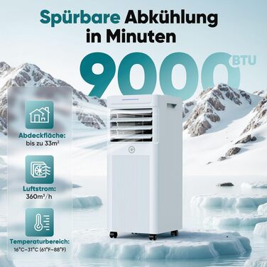 Мобільний кондиціонер 9000 BTU 3-в-1: охолодження, осушення, вентиляція. Пульт, таймер, енергоефективний. Для приміщень до 90 м³ (33 м²)